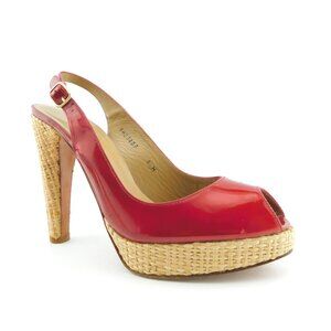 STUART WEITZMAN Red Patent Leather Peep Toe Raffia Platform Heel Sling Pumps 8.5